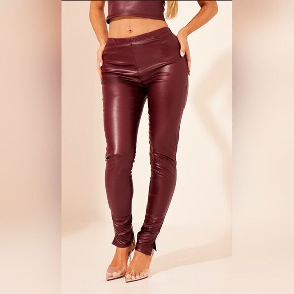 Pretty Little Thing plum faux leather leggings, size 10, inseam 35.5 inches long - Picture 1 of 10